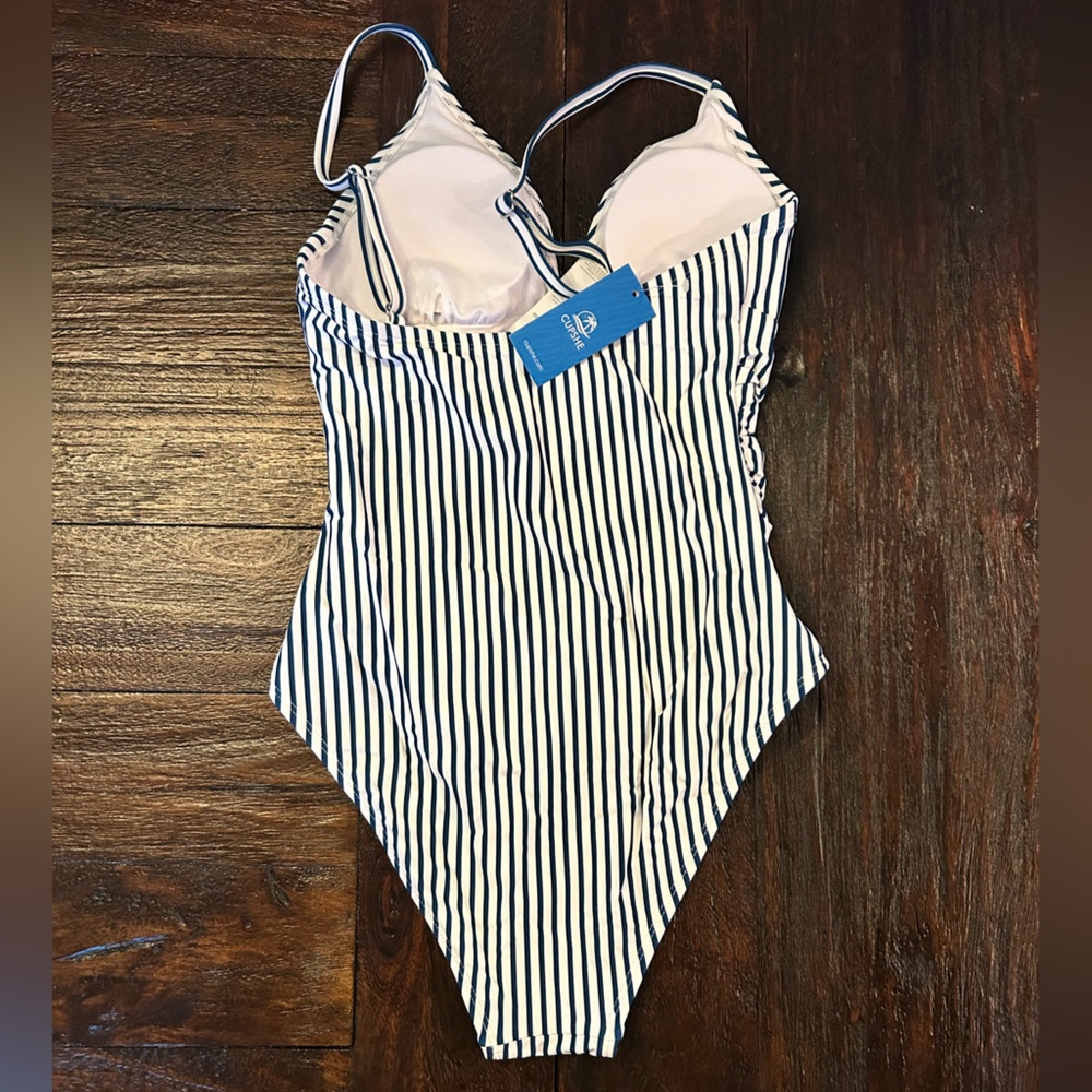 Navy Blue Nautical Striped Print Tummy Control One Piece Swimsuit - Picture 3 of 9